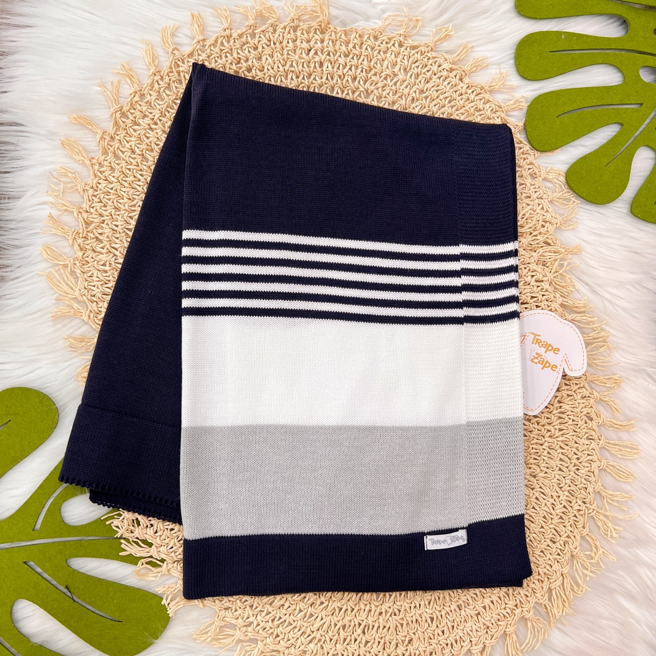  Manta de linha Listrada Marinho, branca e cinza